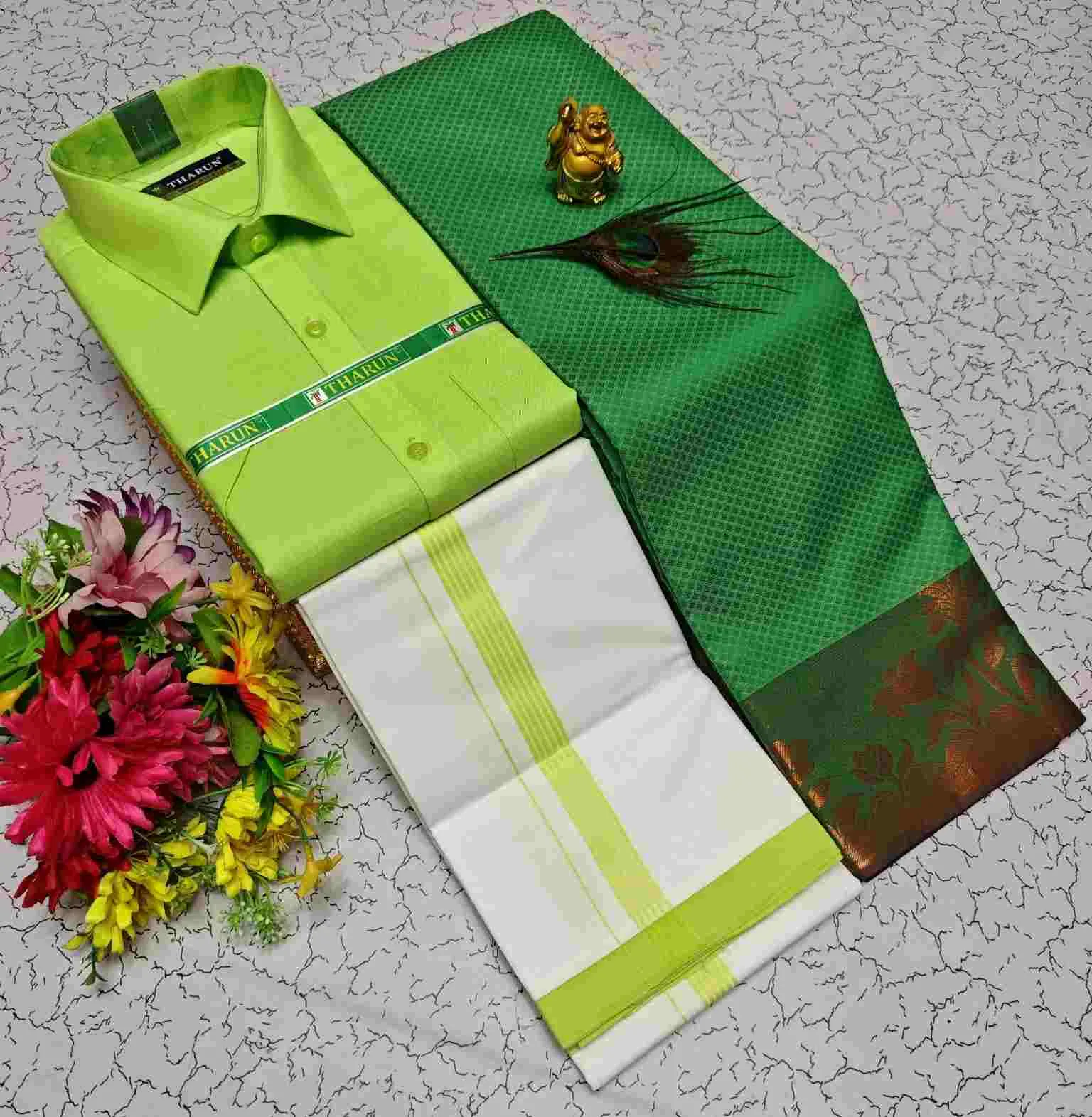 Mangalyam Emerald Green Contrast Karizma Silk Couple Combo